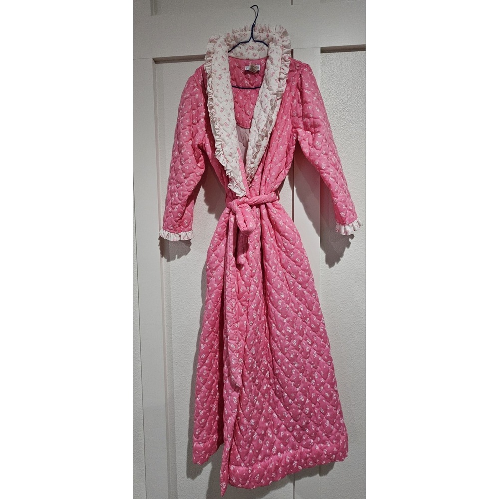 Vtg Quilted Lazy Life Pink & White Long Robe Belted EUC Golden Girls/Grandmacore